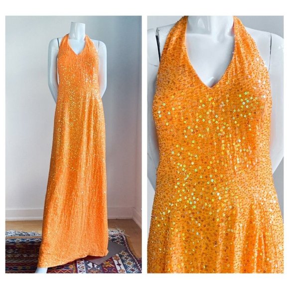 Alfred Angelo Dresses & Skirts - Vintage Alfred Angelo Fully Beaded Sunset Orange Halter Neck Gown w Train L